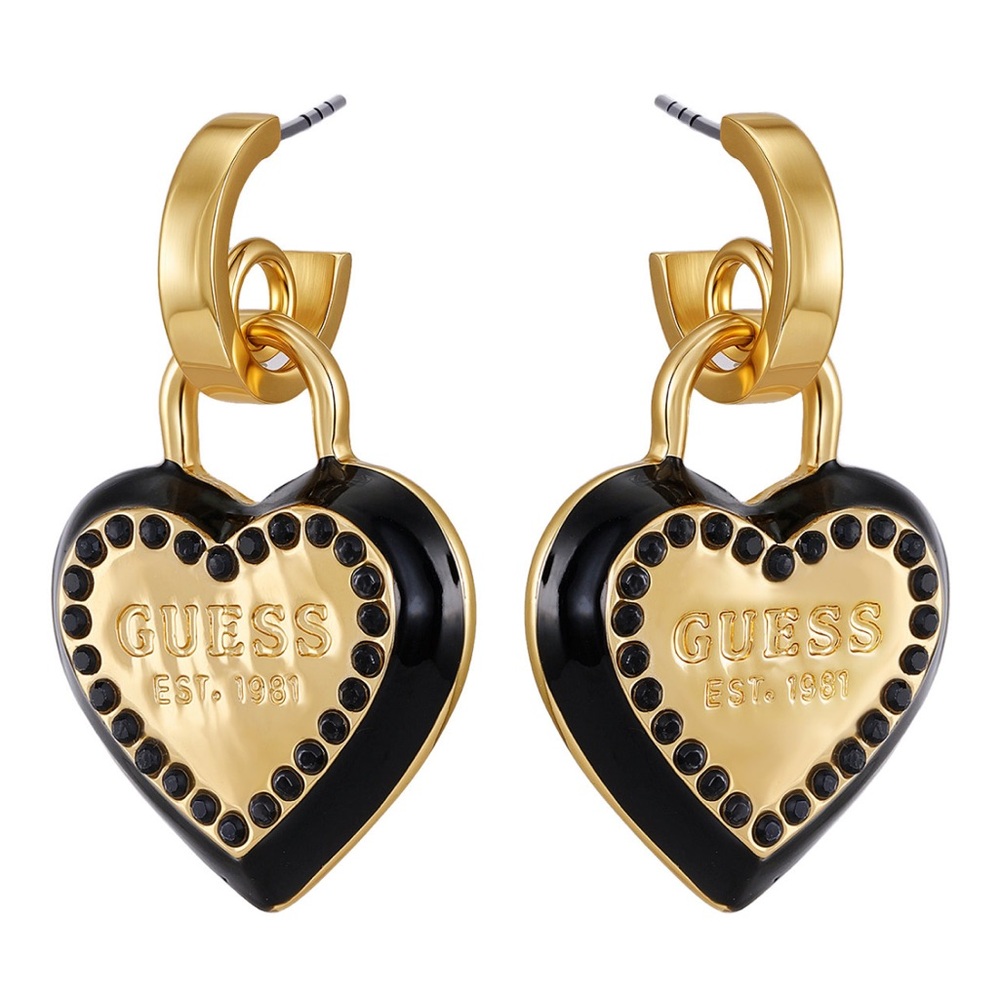 NEW! Guess Glass Stone Gold-Tone Black Heart Drop Hoop Earrings